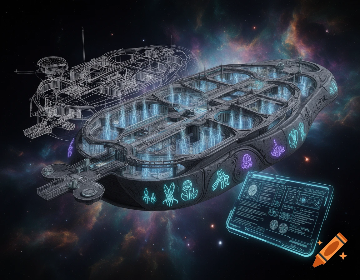 A futuristic alien space station blueprint, with glowing blue energy conduits and a holographic interface in a nebula-filled space.