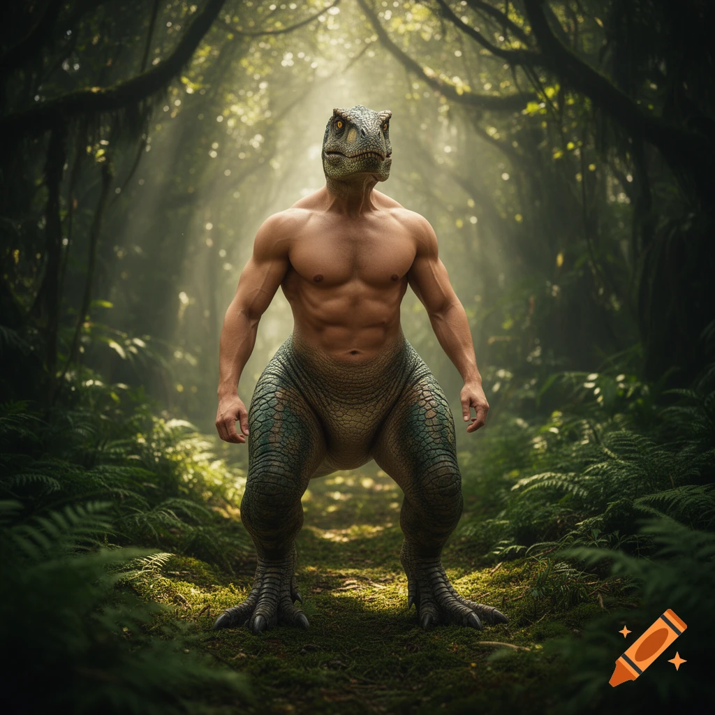 A muscular man's torso with a dinosaur head and scaled dinosaur legs, standing in a lush, sunlit jungle.