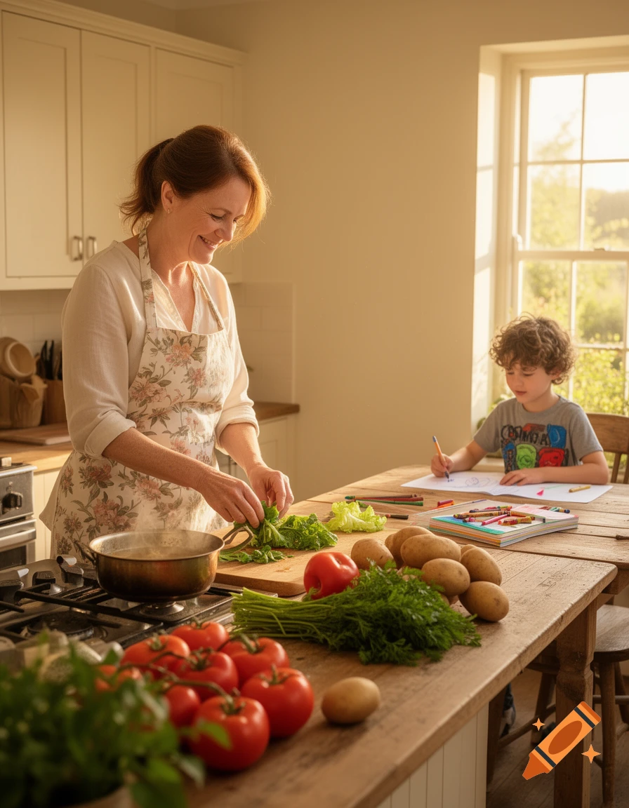 A woman in an apron cooks in a sunny kitchen while a child draws at a wooden table covered with vegetables.