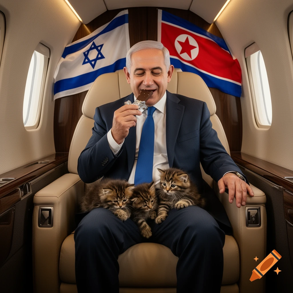 Benjamin Netanyahu eats chocolate while holding three kittens in a private jet, with Israeli and North Korean flags behind him.
