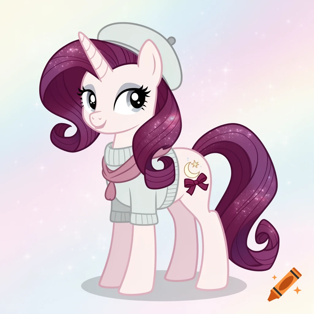 A light pink My Little Pony-style unicorn with sparkling burgundy mane and tail, wearing a gray sweater, pink scarf, and beret. It has a moon and star cutie mark.