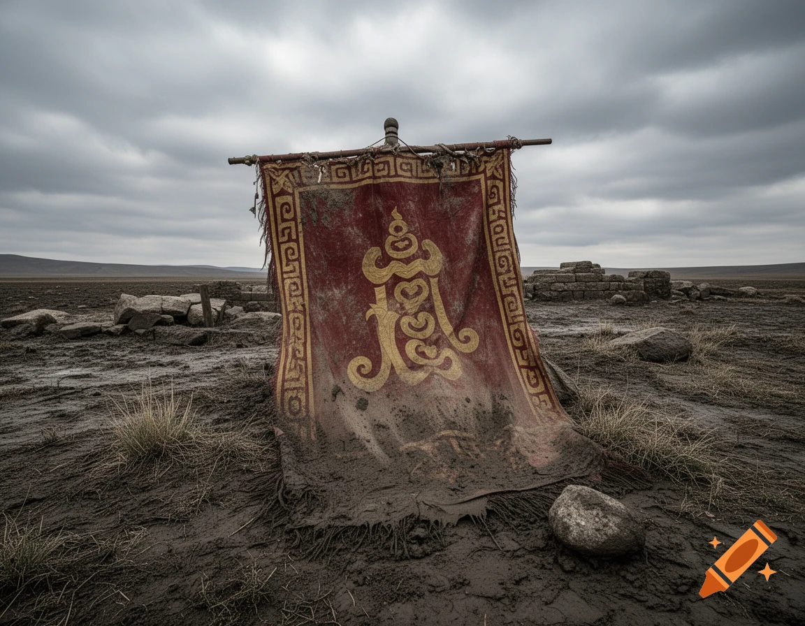 A muddy, weathered Mongolian empire banner with a golden symbol stands in a desolate, barren landscape under a cloudy sky.