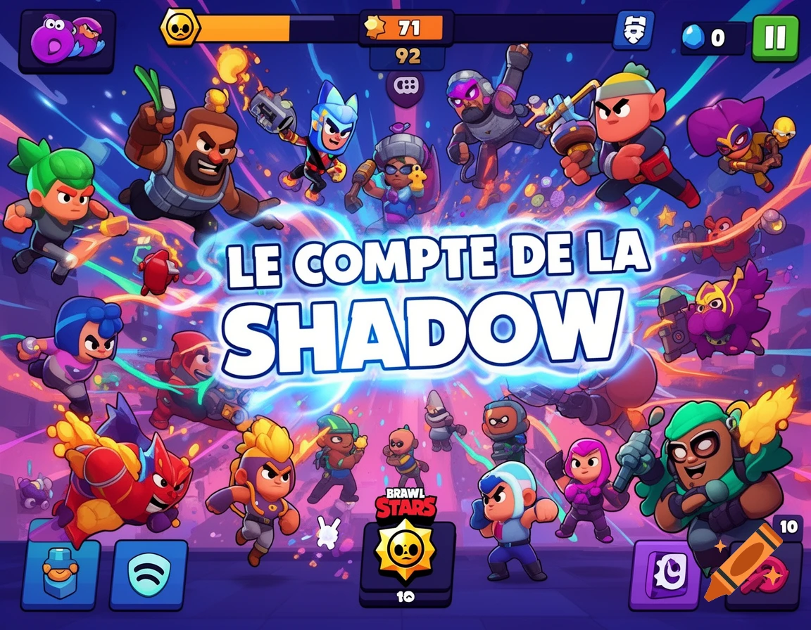 A colorful cartoon video game screen featuring numerous stylized characters surrounding the central text "LE COMPTE DE LA SHADOW" with game UI elements.