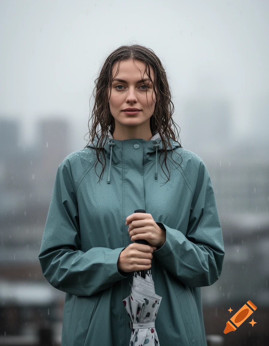 A young woman in a teal raincoat holds a closed umbrella, standing in the rain, looking at the viewer.