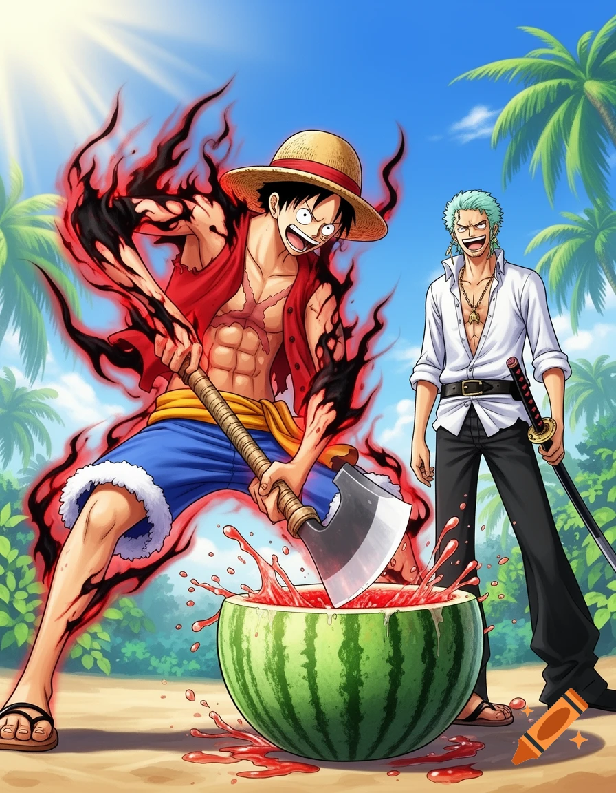 Anime Luffy, wreathed in black energy, chops a watermelon with an axe. Zoro stands beside him in a sunny, tropical setting.