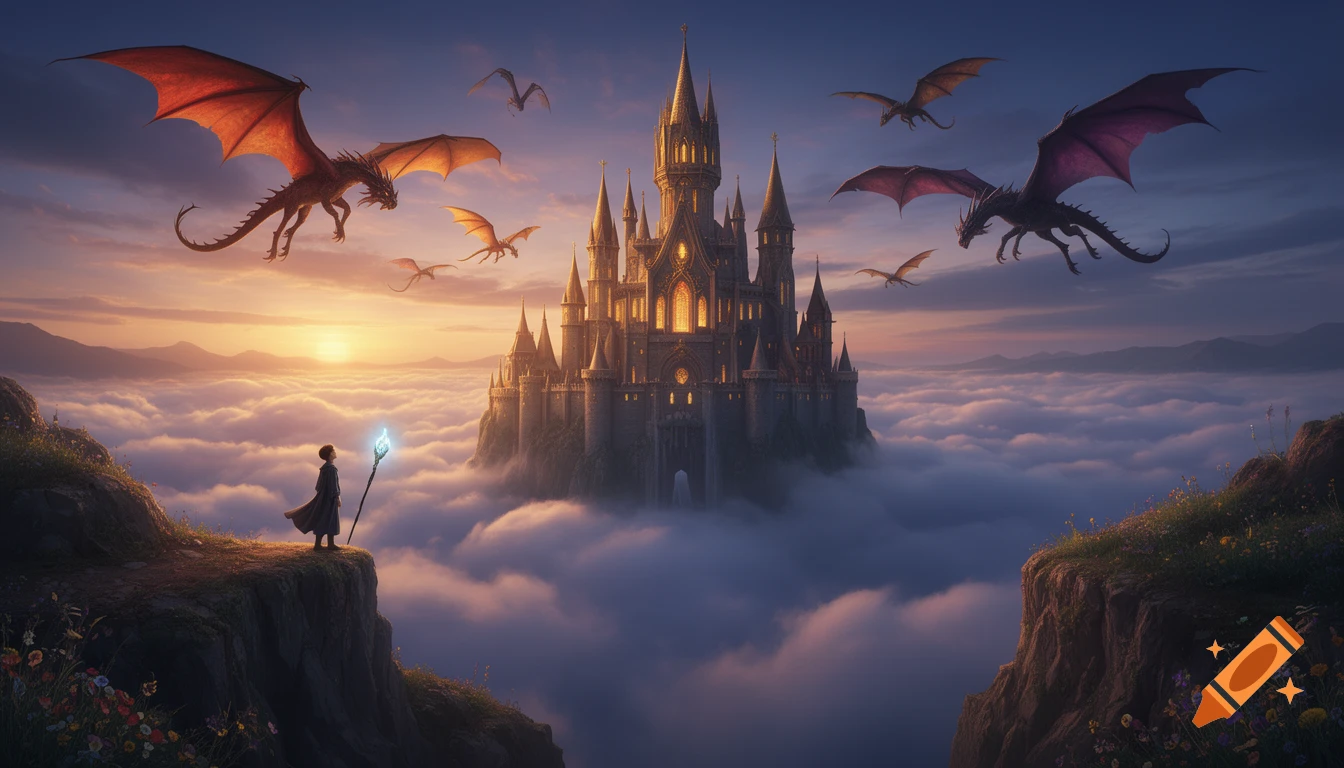 A detailed cinematic fantasy scene with a floating castle above clouds, dragons flying at sunset, and a wizard on a cliff.