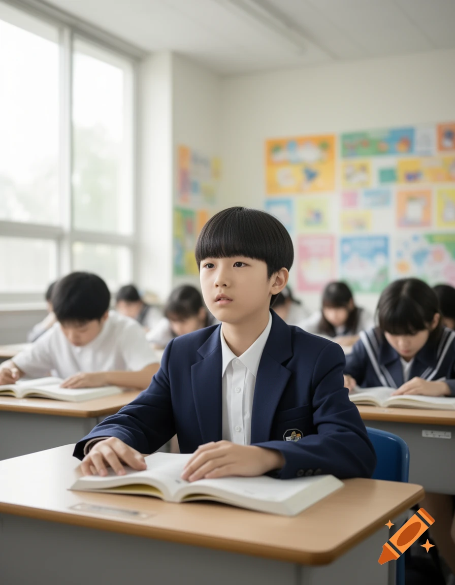 A student in a dark blue blazer and white shirt sits at a desk with an open book, looking forward in a bright classroom with other blurred students in the background.