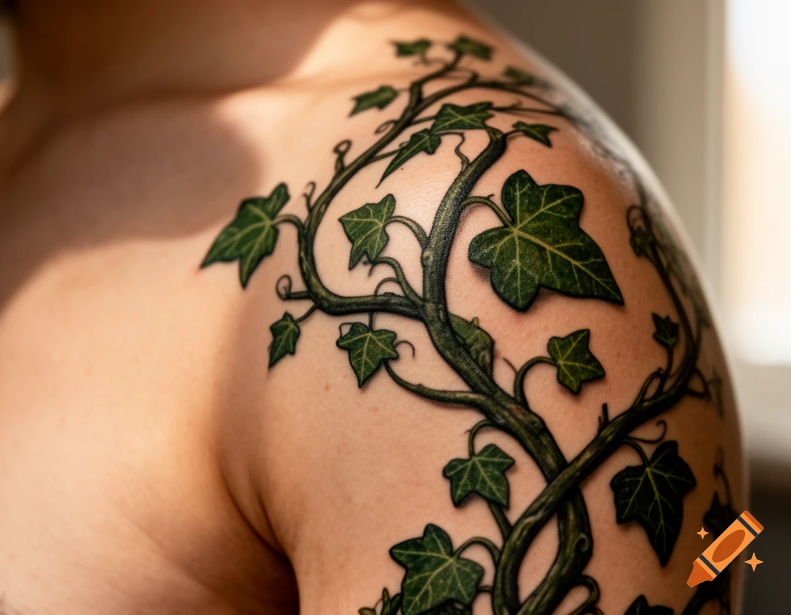 Close-up of a detailed green ivy vine tattoo on a person's shoulder and upper arm, with sunlight on the skin.
