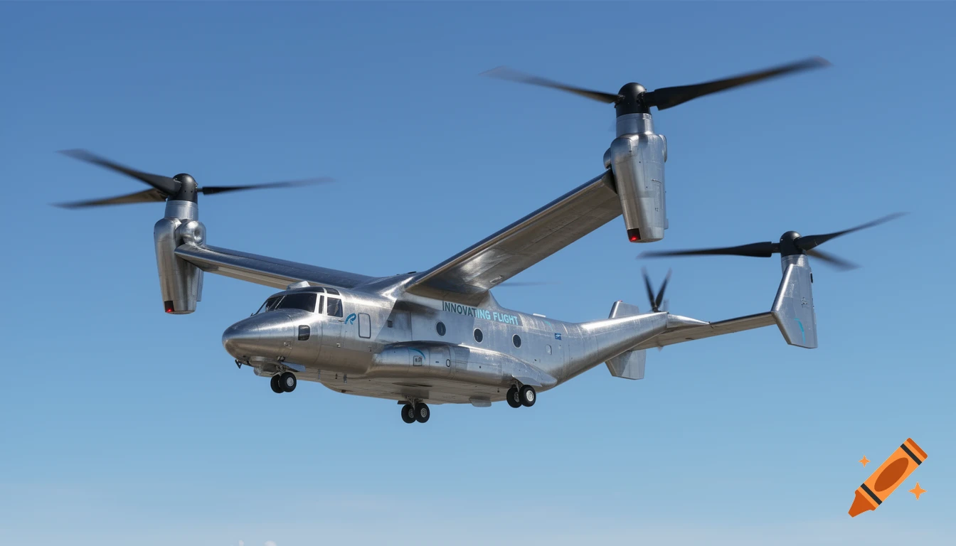 A futuristic silver tiltrotor aircraft with spinning propellers flies against a clear blue sky.