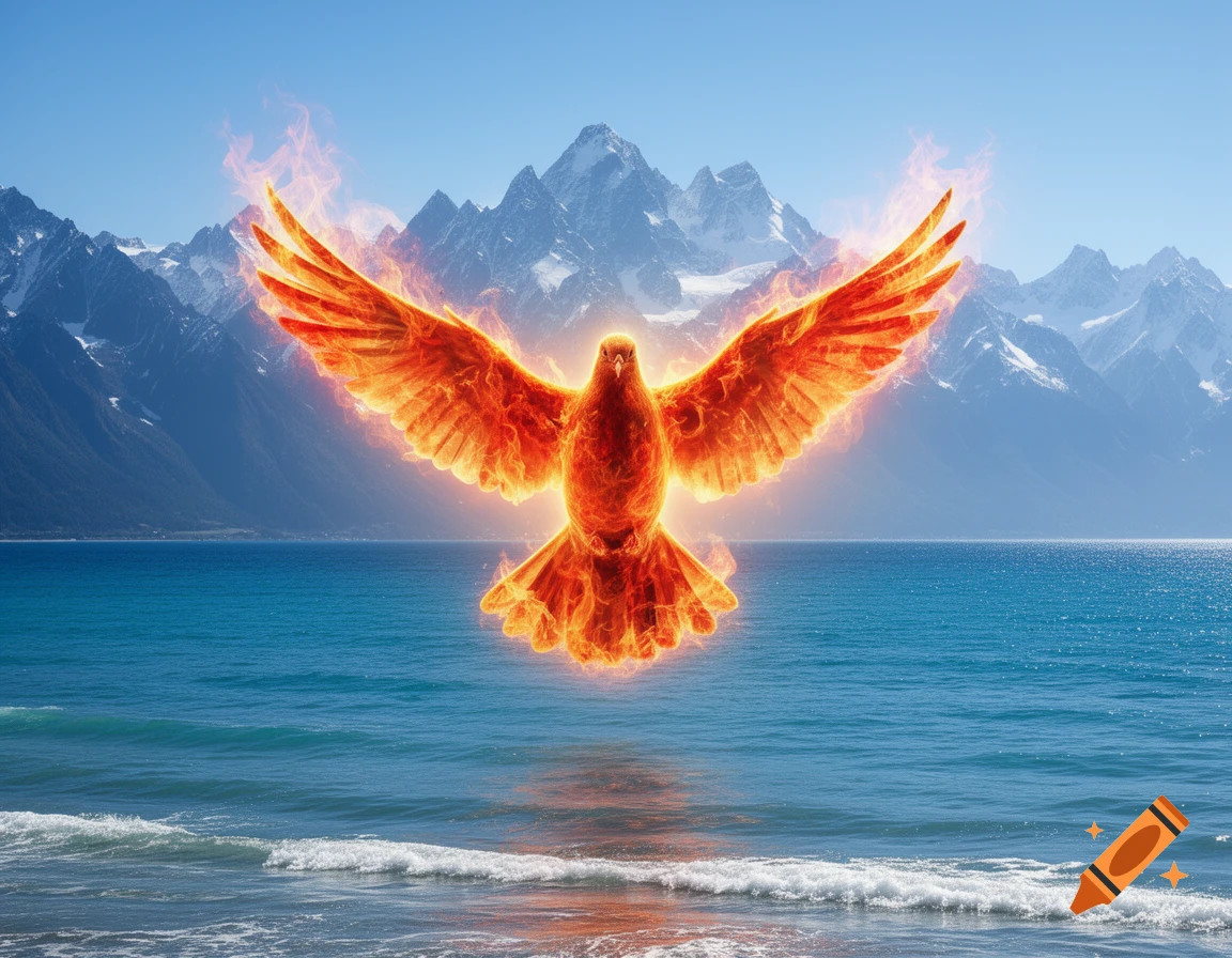 A radiant, fiery dove with outstretched wings flies over a blue sea with snow-capped mountains under a clear sky.