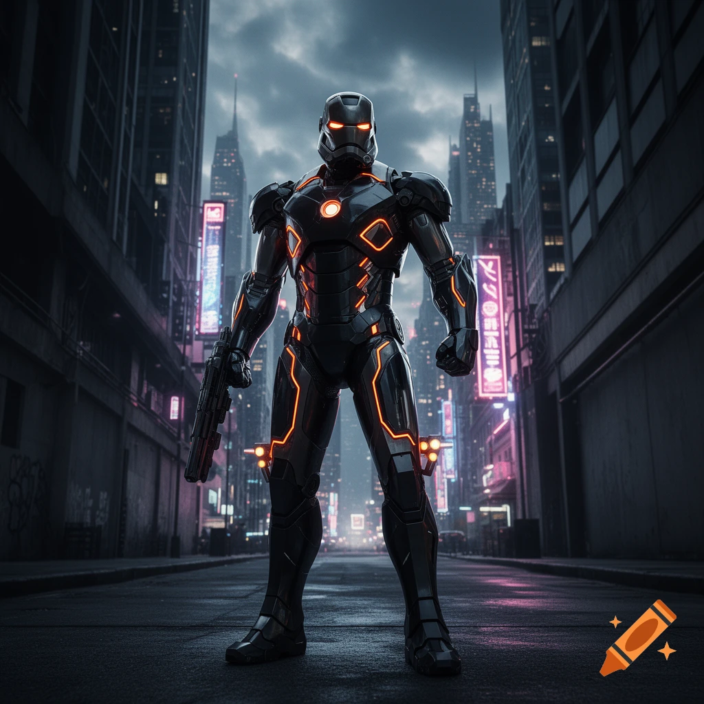 A futuristic black armored figure with orange glowing accents and a ...