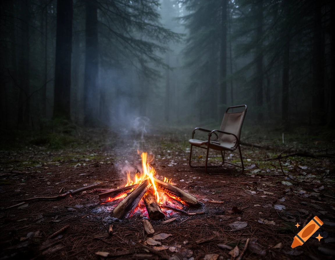 A lone campfire burns in a dark, foggy forest with an empty chair nearby, evoking a melancholic, photorealistic scene.