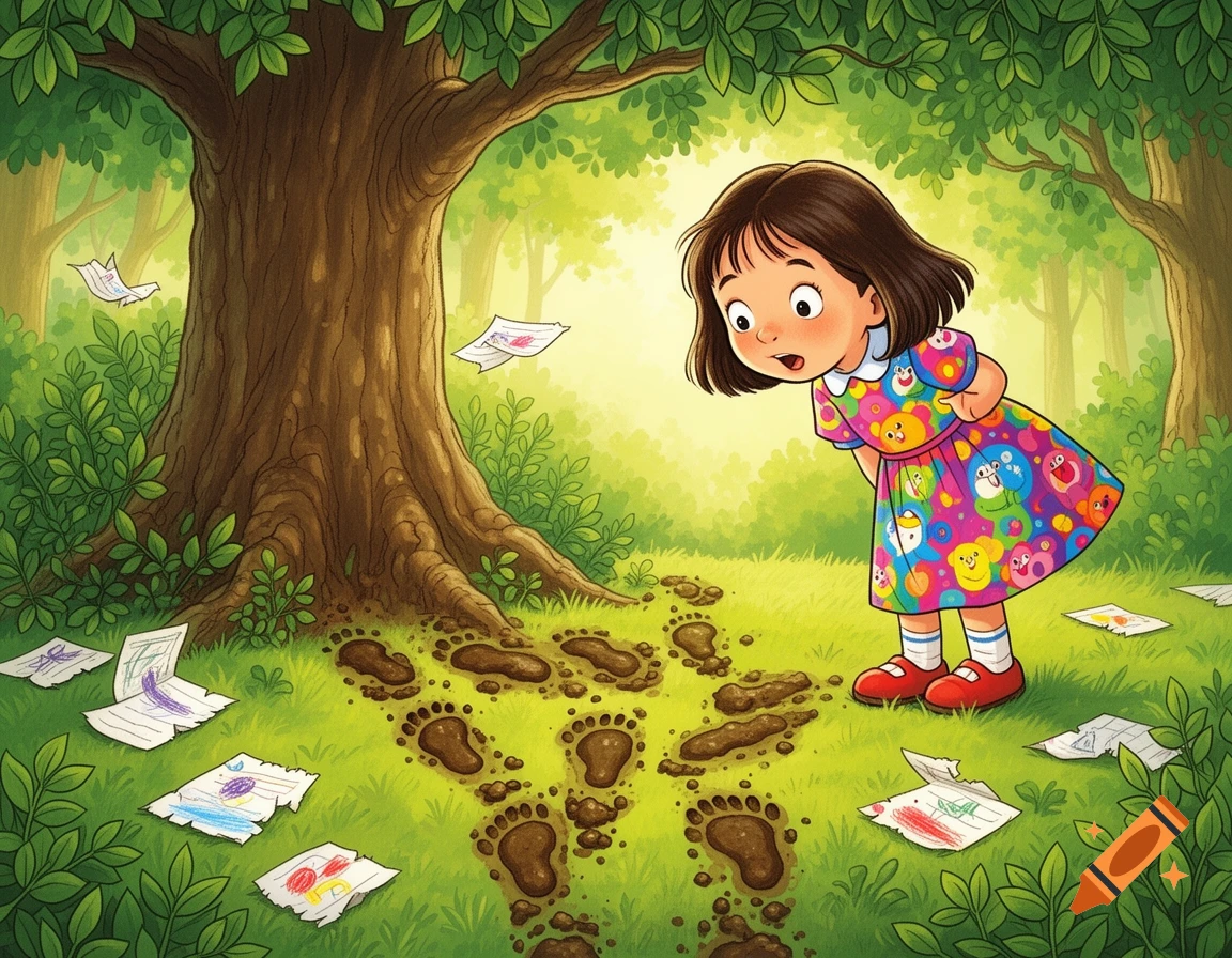 A cartoon young girl in a colorful dress curiously examines muddy footprints and scattered paper scraps in a lush green forest.