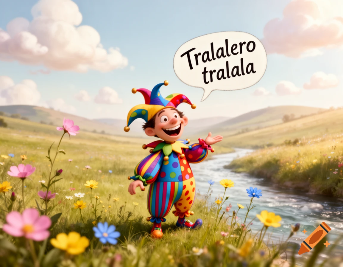 Cheerful cartoon jester in a colorful outfit stands in a vibrant meadow with a river and flowers, speaking 'Tralalero tralala' in a speech bubble under a cloudy sky.
