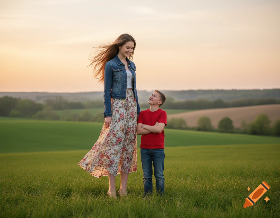 A tall woman in a floral skirt and denim jacket smiles at a shorter boy in a red shirt, both standing in a green field at sunset.