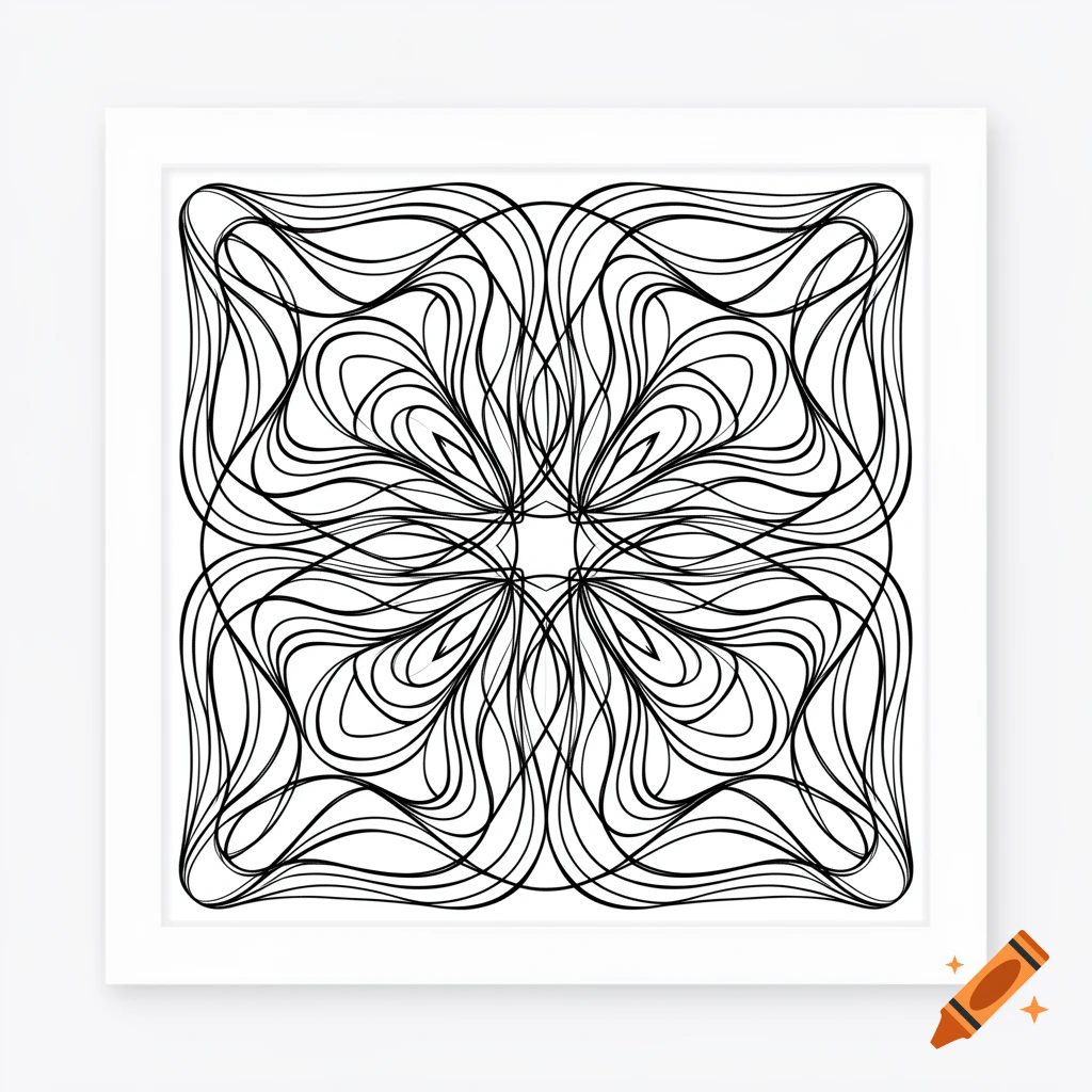 A symmetrical black and white abstract line drawing forming a complex, ornate floral or mandala-like pattern within a white frame.