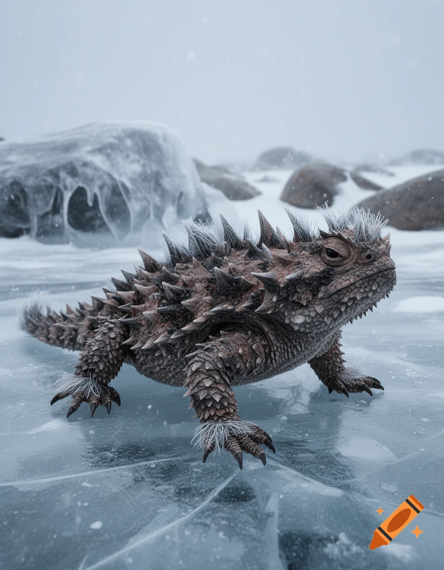 A photorealistic thorny devil-like creature with fur on its feet and spikes stands on cracked ice in a snowy, rocky polar environment.
