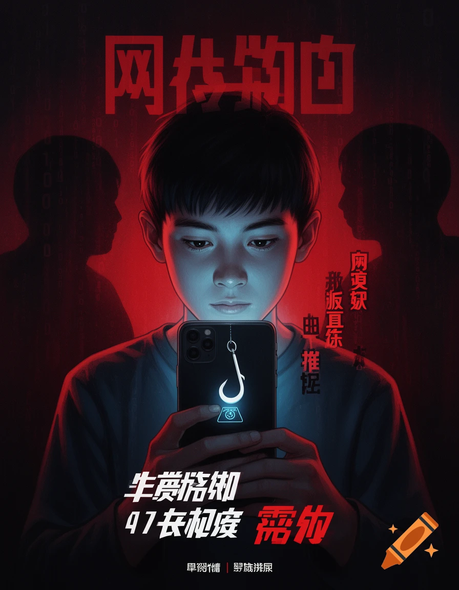 Illustration of a young person viewing a phone with a fishing hook icon, symbolizing online fraud, against a red-lit background with Chinese text.