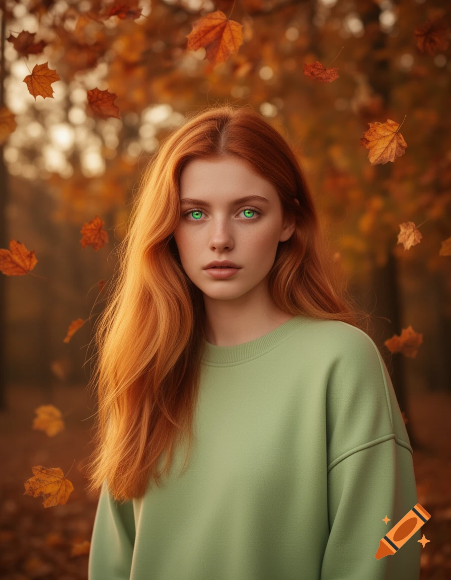 A woman with long red hair and vivid green eyes wears a light green sweatshirt amidst falling autumn leaves.