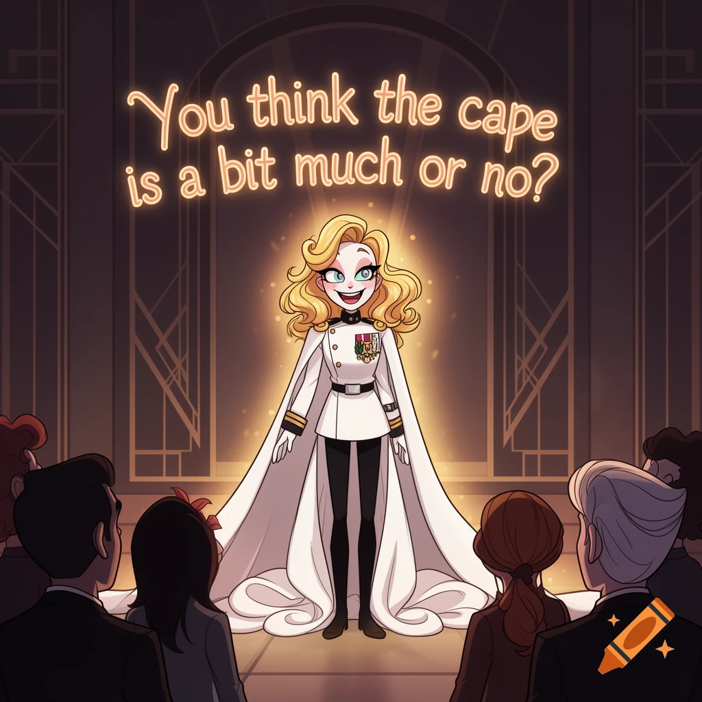 A smiling blonde cartoon woman in a white uniform and flowing cape stands under a glowing arch, asking a crowd, "You think the cape is a bit much or no?"