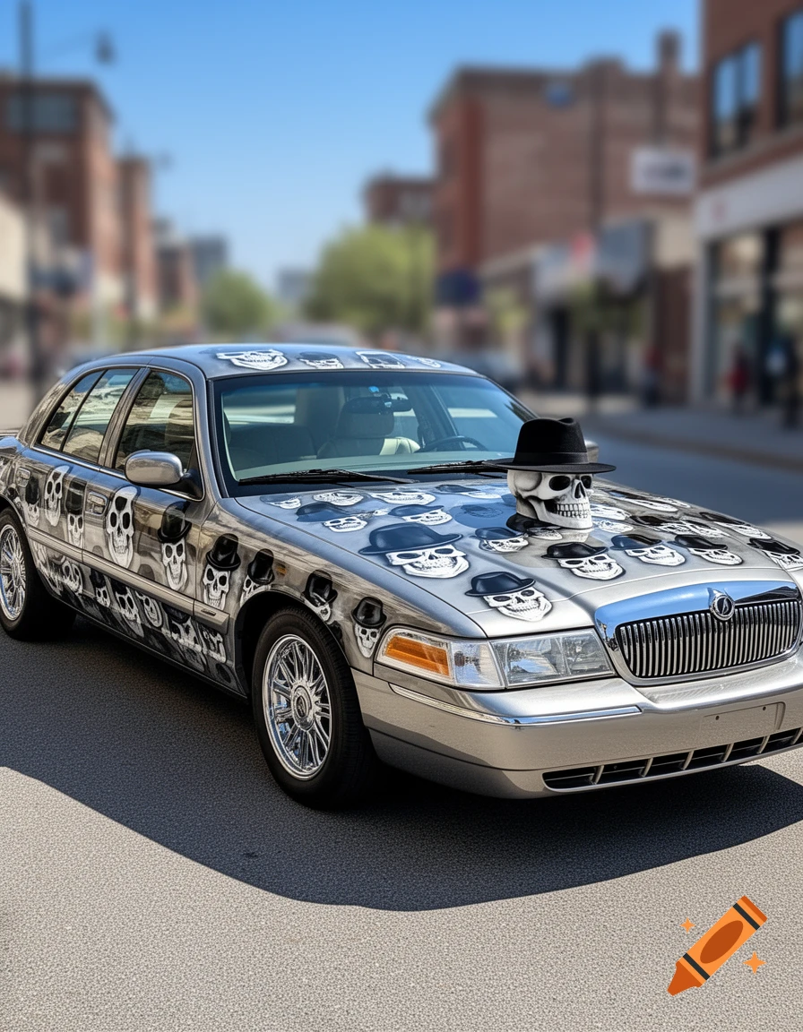 A silver 2003 Mercury Grand Marquis car with a custom paint job featuring stylized skulls and fedoras, and a skull with a black fedora as a hood ornament, parked on a street.