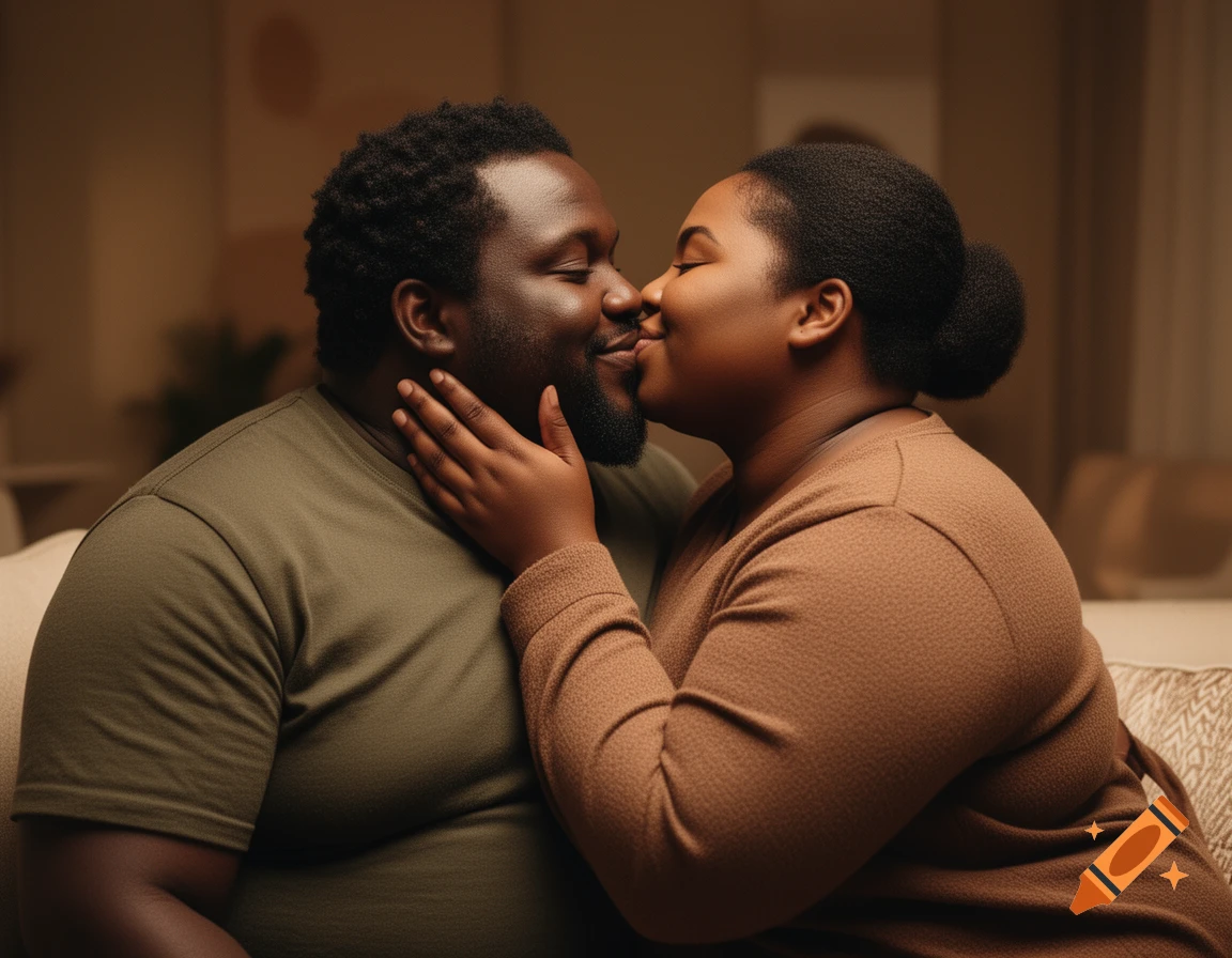 A smiling Black man and woman embrace and share a tender kiss. The woman gently touches the man's cheek. Photorealistic style.