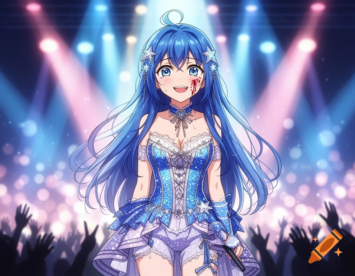 Anime idol girl with blue hair in a sparkling blue outfit, crying with slight blood on her face, holding a microphone on a brightly lit stage.