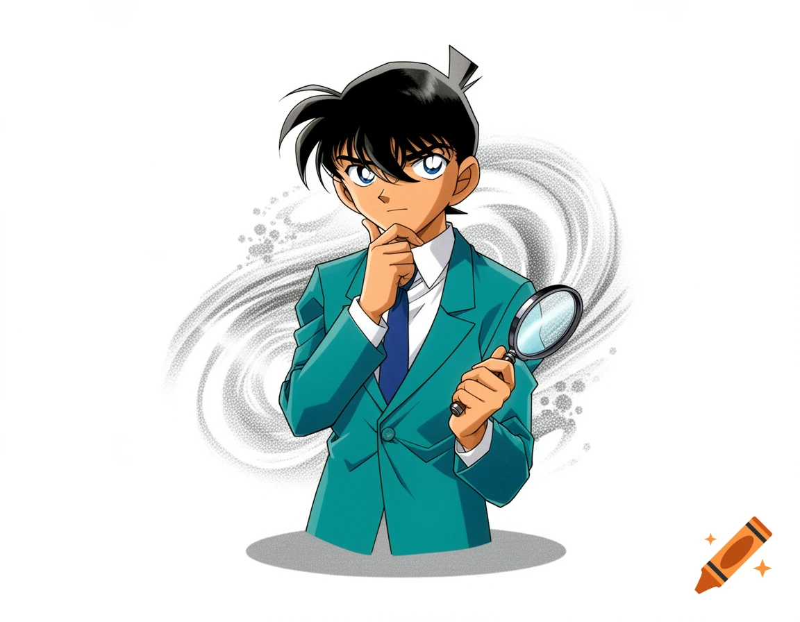 An anime character, Shinichi Kudo, in a teal suit and blue tie, looking thoughtful while holding a magnifying glass against a swirling gray background.
