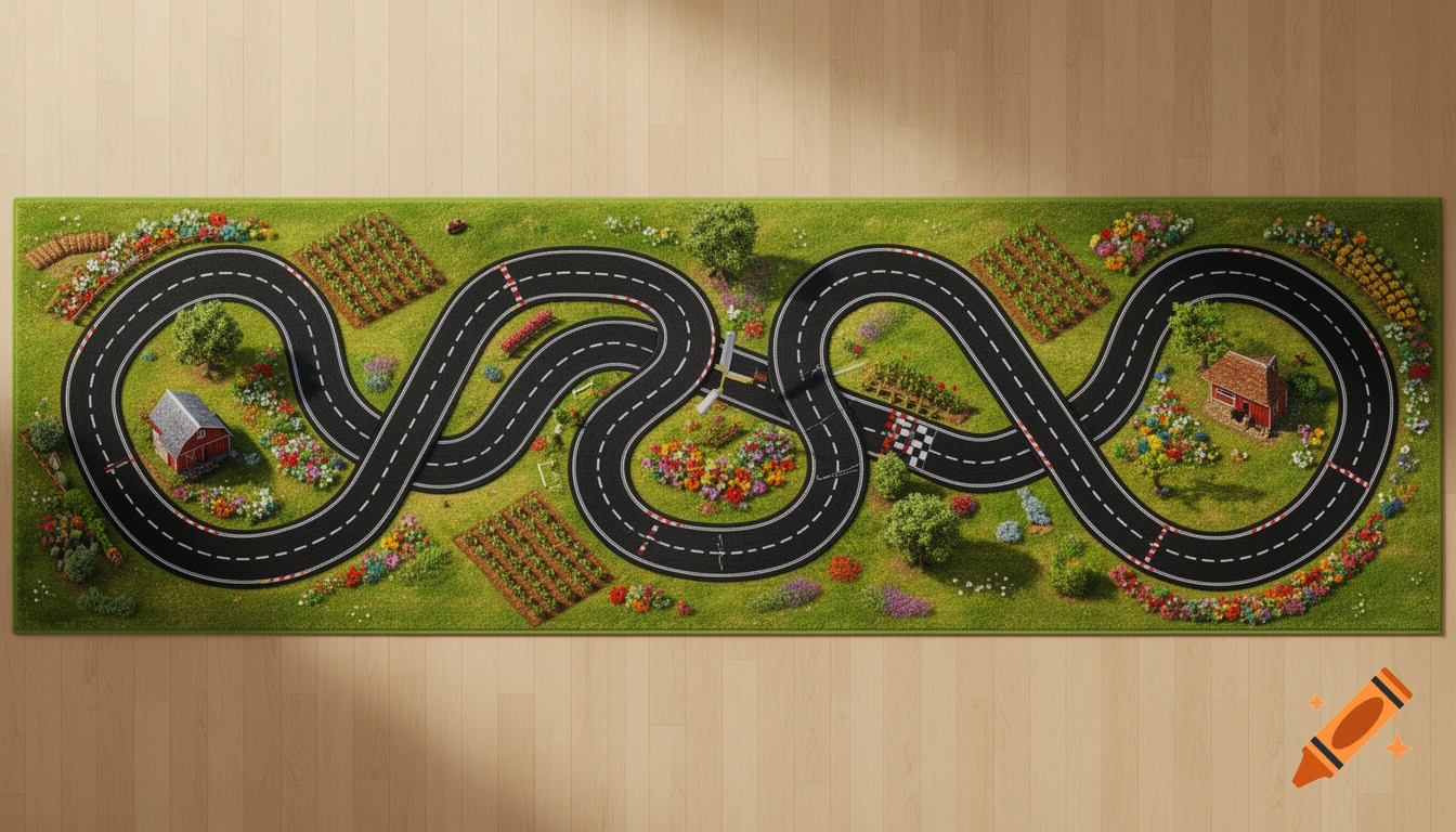 A top-down view of a long rectangular rug featuring a black race track with white dashed lines, winding through a vibrant green farm landscape with small red barns, planted fields, and colorful flower patches.