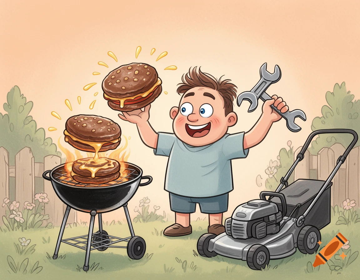 A whimsical cartoon man simultaneously grills giant, greasy burgers on a BBQ and holds a wrench next to a lawnmower in a backyard.