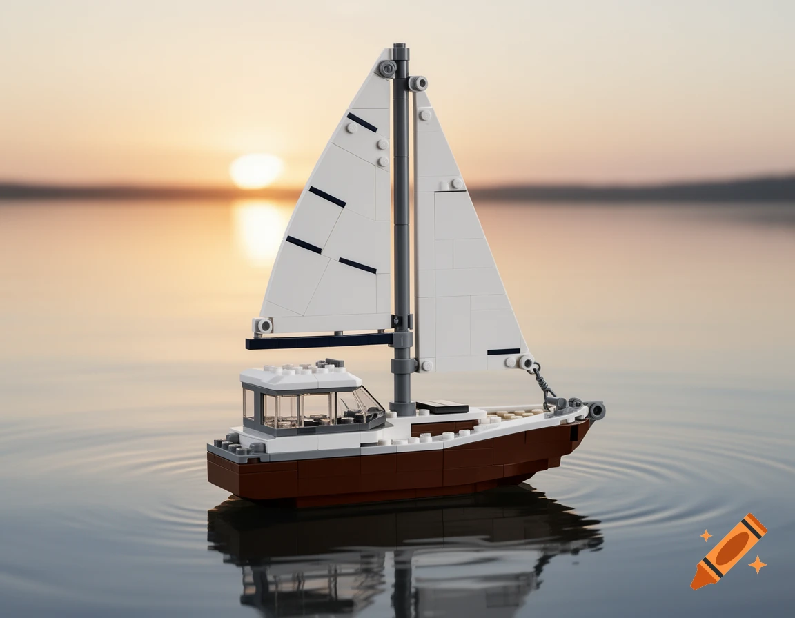 A detailed LEGO sailboat with white sails and a brown hull floats on calm water during sunset.