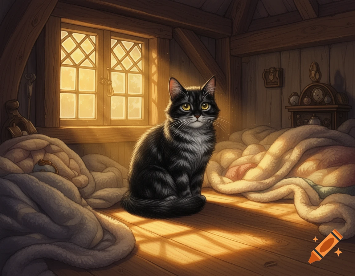A black and gray cat sits on a wooden floor, bathed in warm golden sunlight from a window, in a cozy storybook-style attic room with blankets.