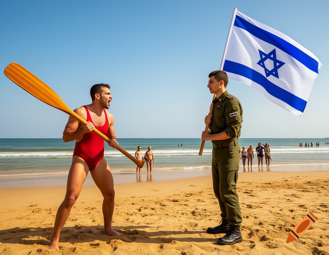 A lifeguard in a red swimsuit with a large oar shouts at a soldier holding an Israeli flag on a sunny beach.