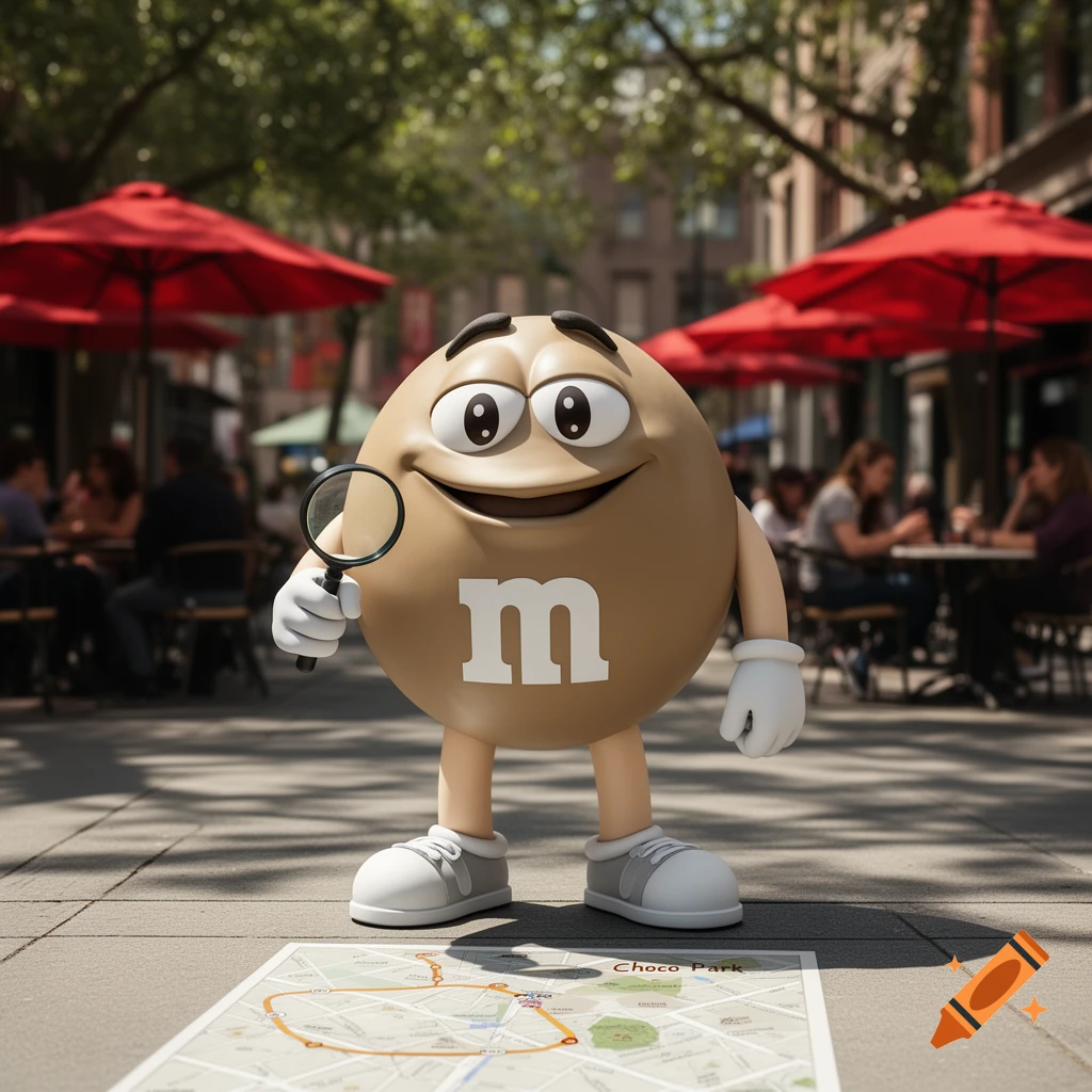 A tan M&M mascot holding a magnifying glass stands on a city sidewalk next to a map labeled 'Choco Park', with outdoor cafes in the background.