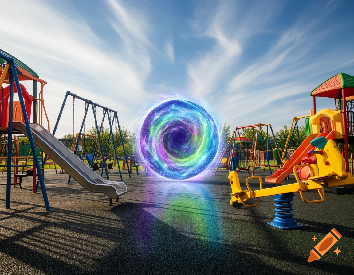 A colorful, swirling portal in the center of an outdoor playground with slides and swings under a blue sky.