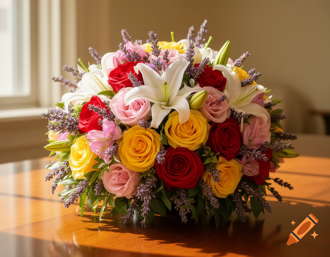 A vibrant bouquet of red, yellow, pink roses, white lilies, and lavender sits on a polished wooden table, lit by sunlight from a window.