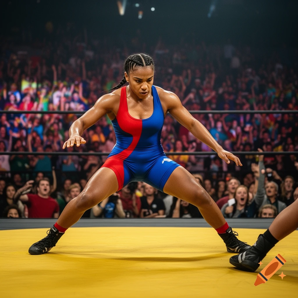 A female wrestler in a red and blue uniform takes a low stance on a yellow mat with a blurred crowd in the background.