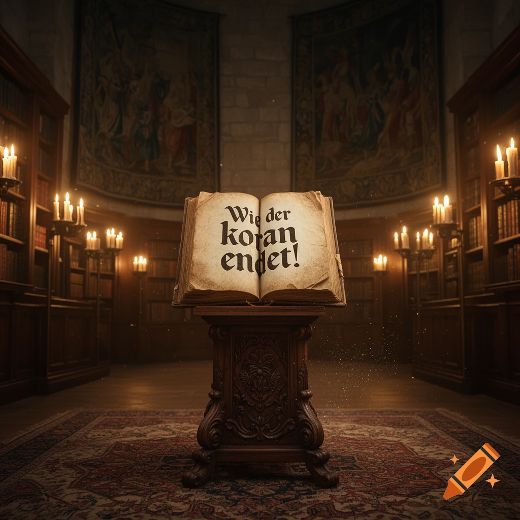 An open, ancient book with text 'Wie der koran endet!' on a wooden stand in a dim, candlelit library with tapestries.