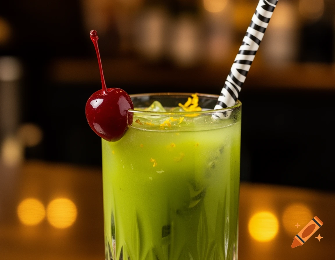 A vibrant green cocktail garnished with a red cherry and a black and white striped straw.