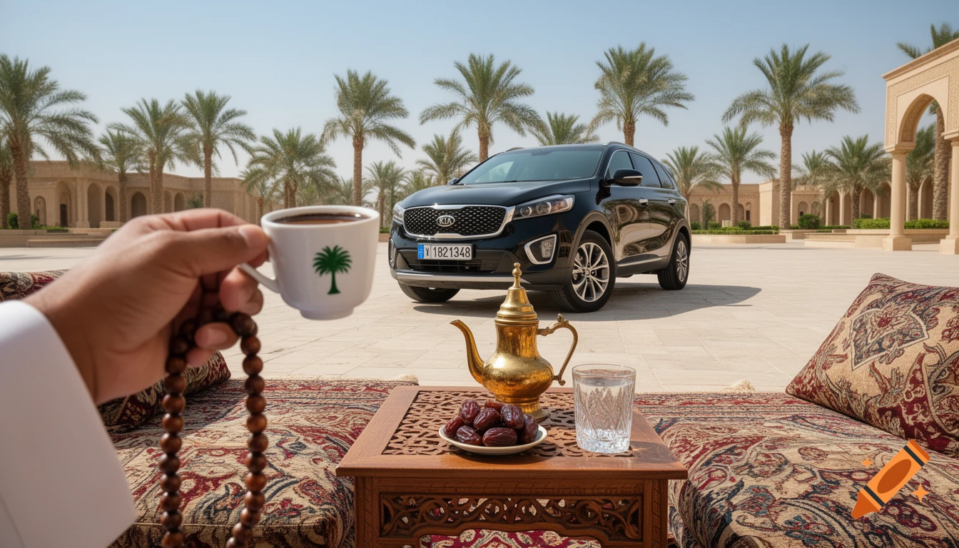 Photorealistic image of a man holding coffee and prayer beads in a traditional Arabic outdoor majlis with a black Kia Sorento parked in the background.