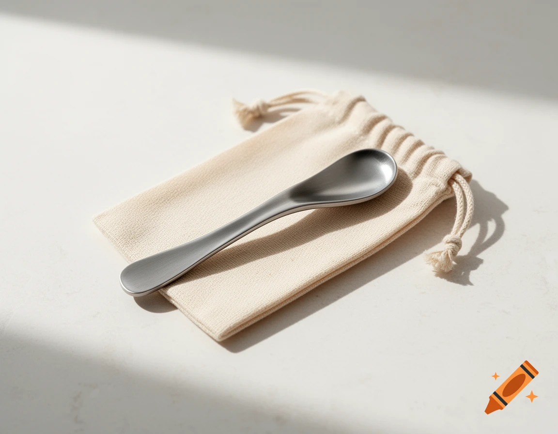 Sleek stainless steel tongue scraper on a natural cotton pouch, resting on a light stone surface with soft shadows.