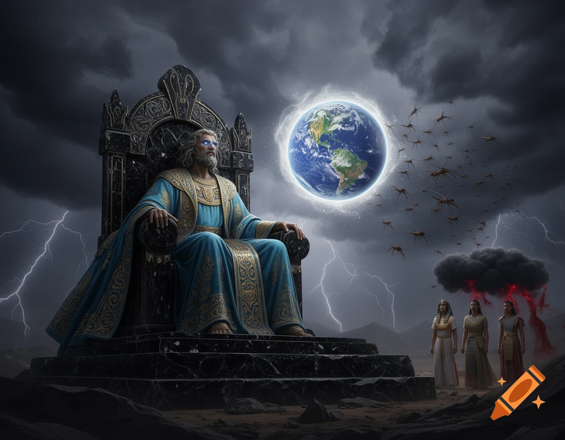 A god on a throne watches a glowing Earth, as insect plagues swarm near three Egyptian figures under a stormy sky with lightning.