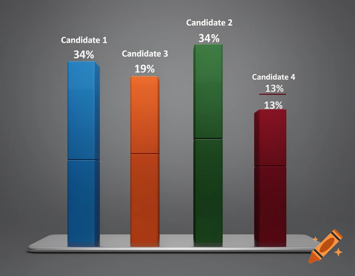 A 3D bar chart displaying election results for four candidates. Candidate 1 (blue) and Candidate 2 (green) both have 34%, Candidate 3 (orange) has 19%, and Candidate 4 (red) has 13%.