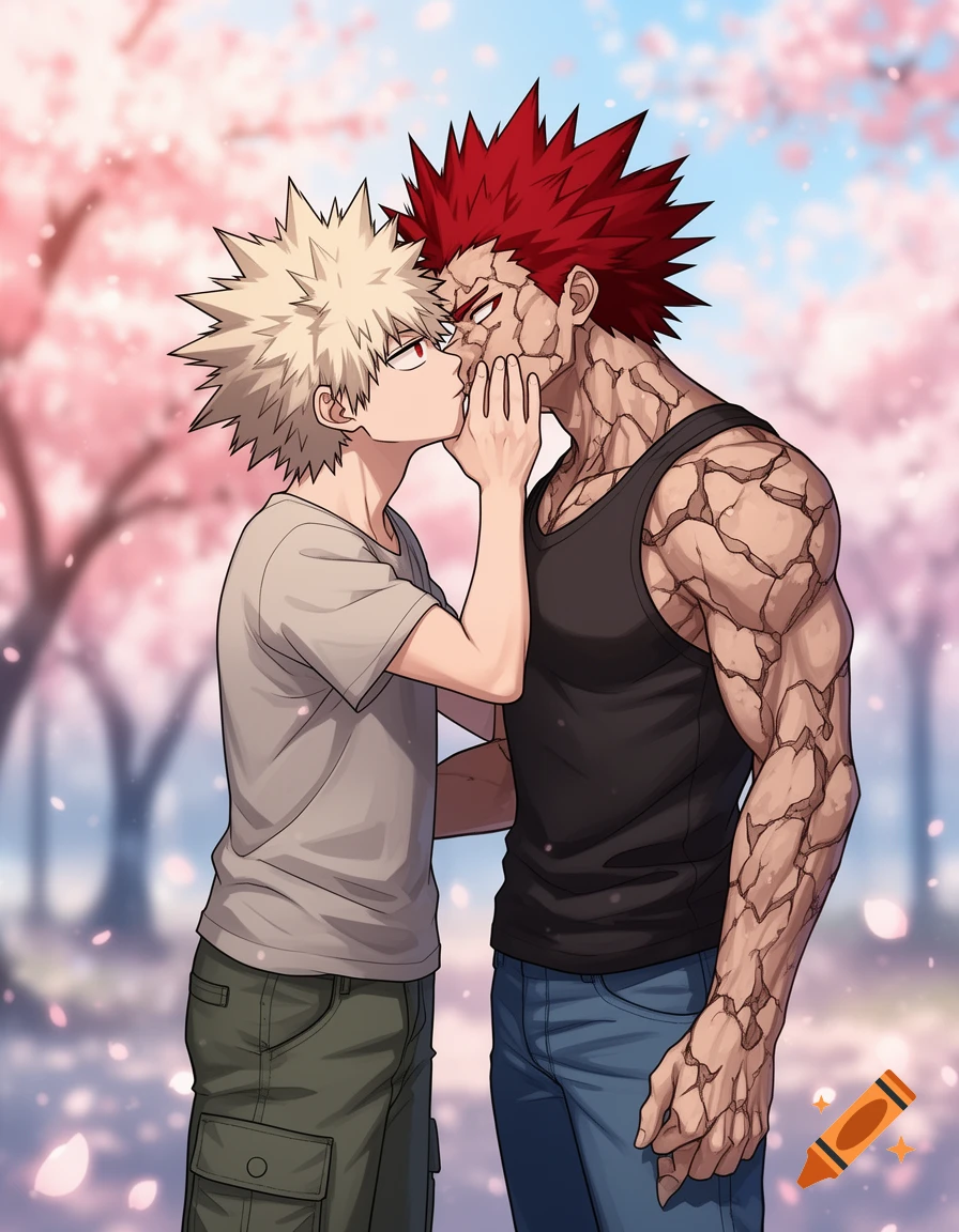 Two anime characters, Bakugo with spiky blond hair and Kirishima with spiky red hair and hardened skin, kiss under cherry blossom trees.