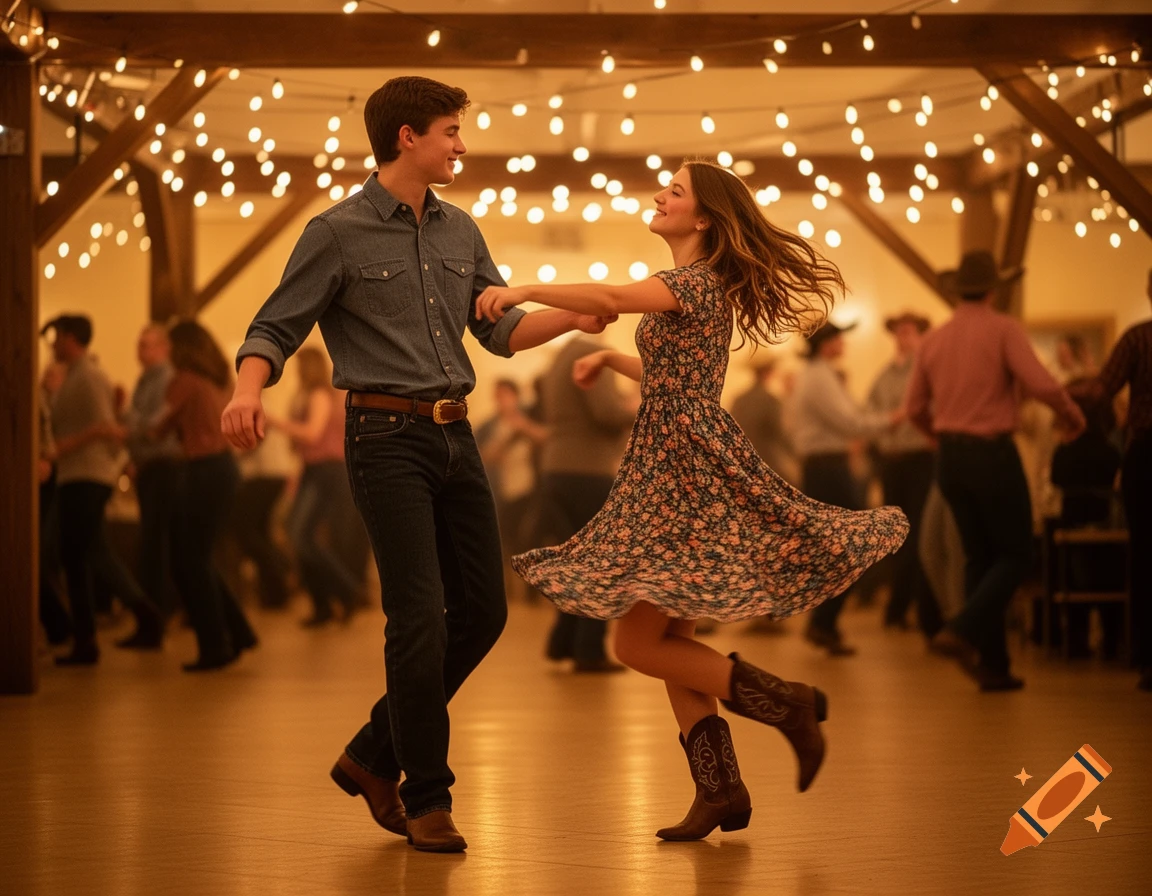 A young couple smiles while dancing a two-step under string lights in a rustic venue, surrounded by other blurred dancers.
