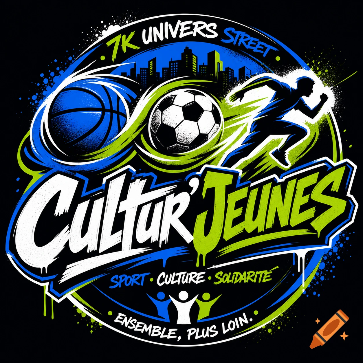 A vibrant circular logo features a basketball, soccer ball, and a running person over a city skyline. Text reads "Cultur'Jeunes" and "7K Univers Street" in a blue and green splatter paint style.