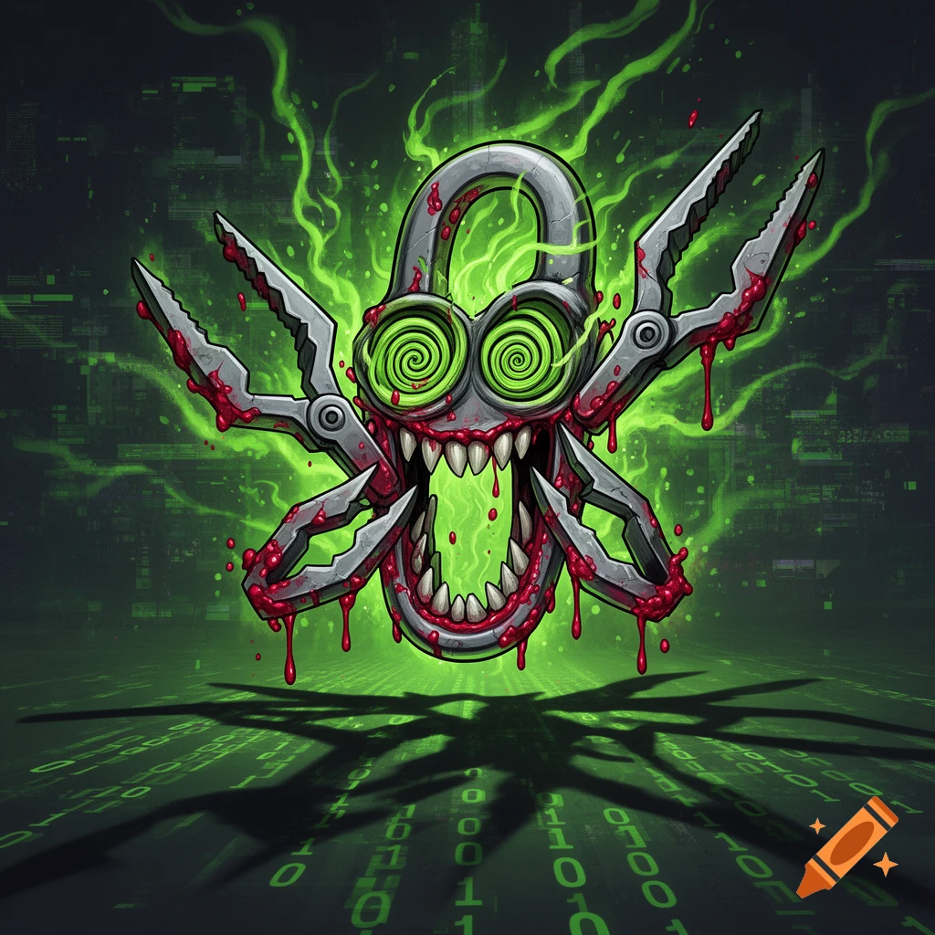 A stylized, monstrous padlock with green spiral eyes, sharp teeth, and bloody pliers for limbs, against a glitchy green binary code background.