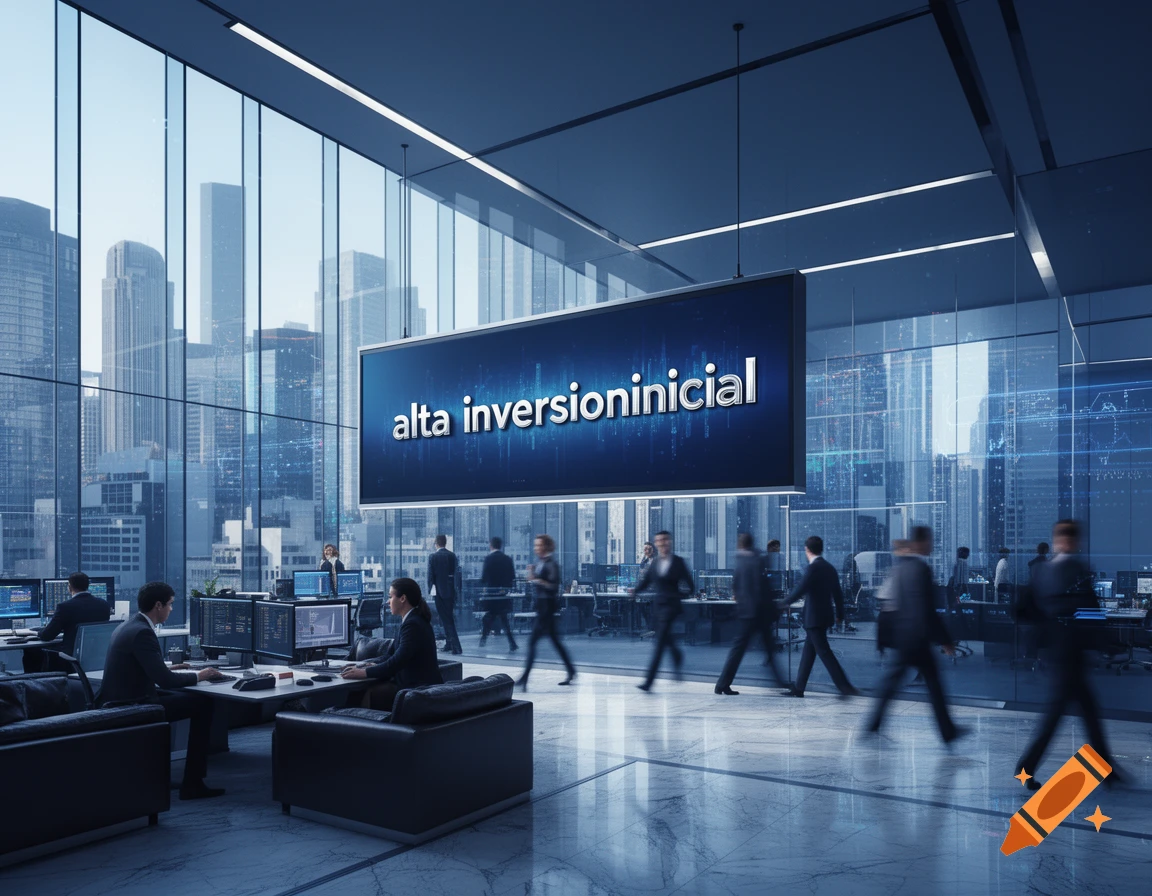 Modern office with business people working and walking, large windows overlook a city, and a screen displays 'alta inversioninicial'.