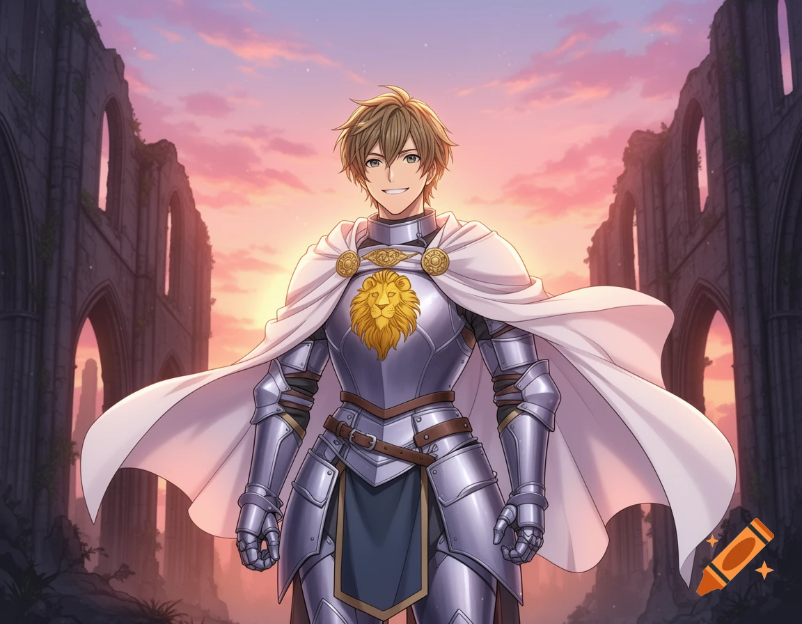 Anime paladin in shining armor with a white cape and lion emblem smiles in front of cathedral ruins at sunset.