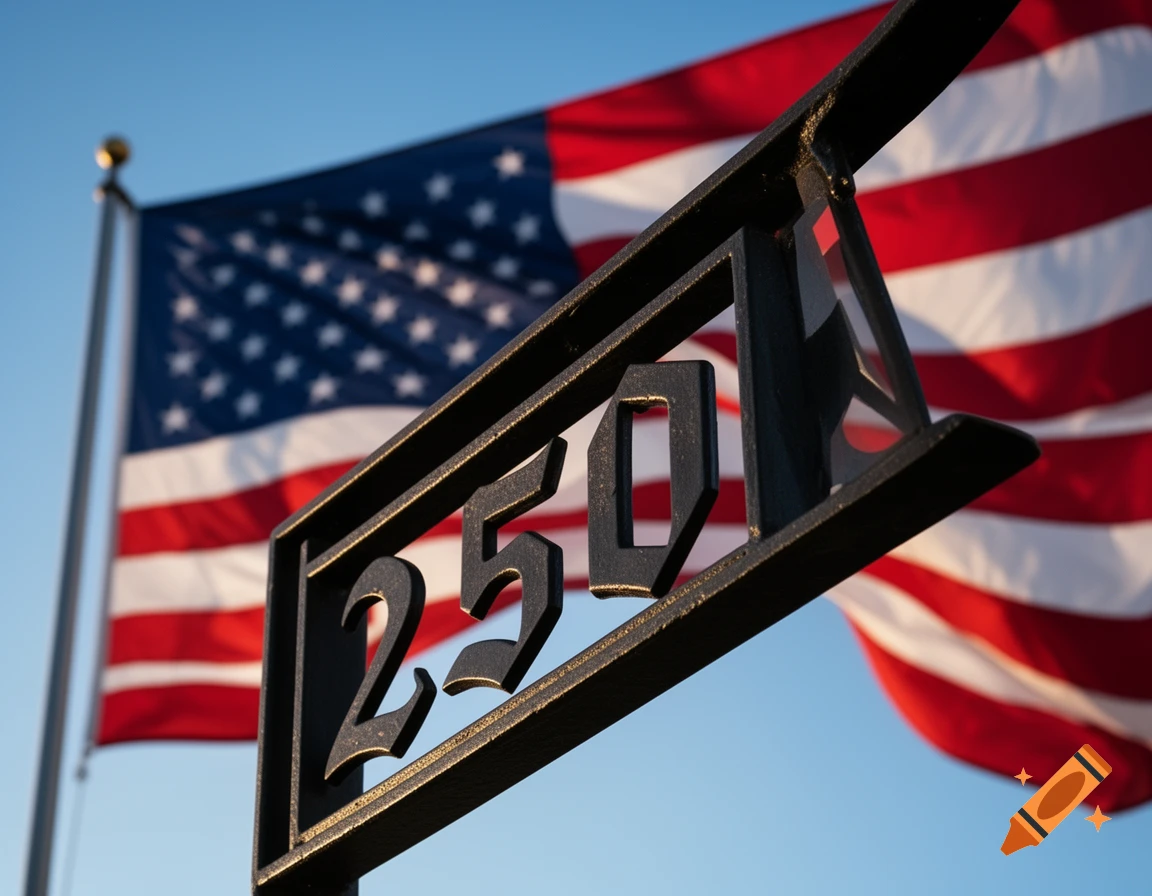 A black metal sign displaying the number 250, with an American flag waving behind it against a clear blue sky.